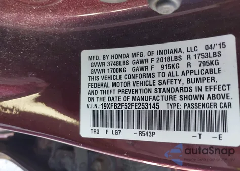 2015 Honda Civic Lx z USA, uszkodzony, nr VIN 19XFB2F52FE253145